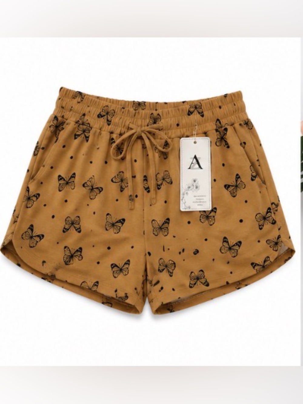 AZ NWT Butterfly Print Drawstring Shorts S/M Camel Black Cotton Blend